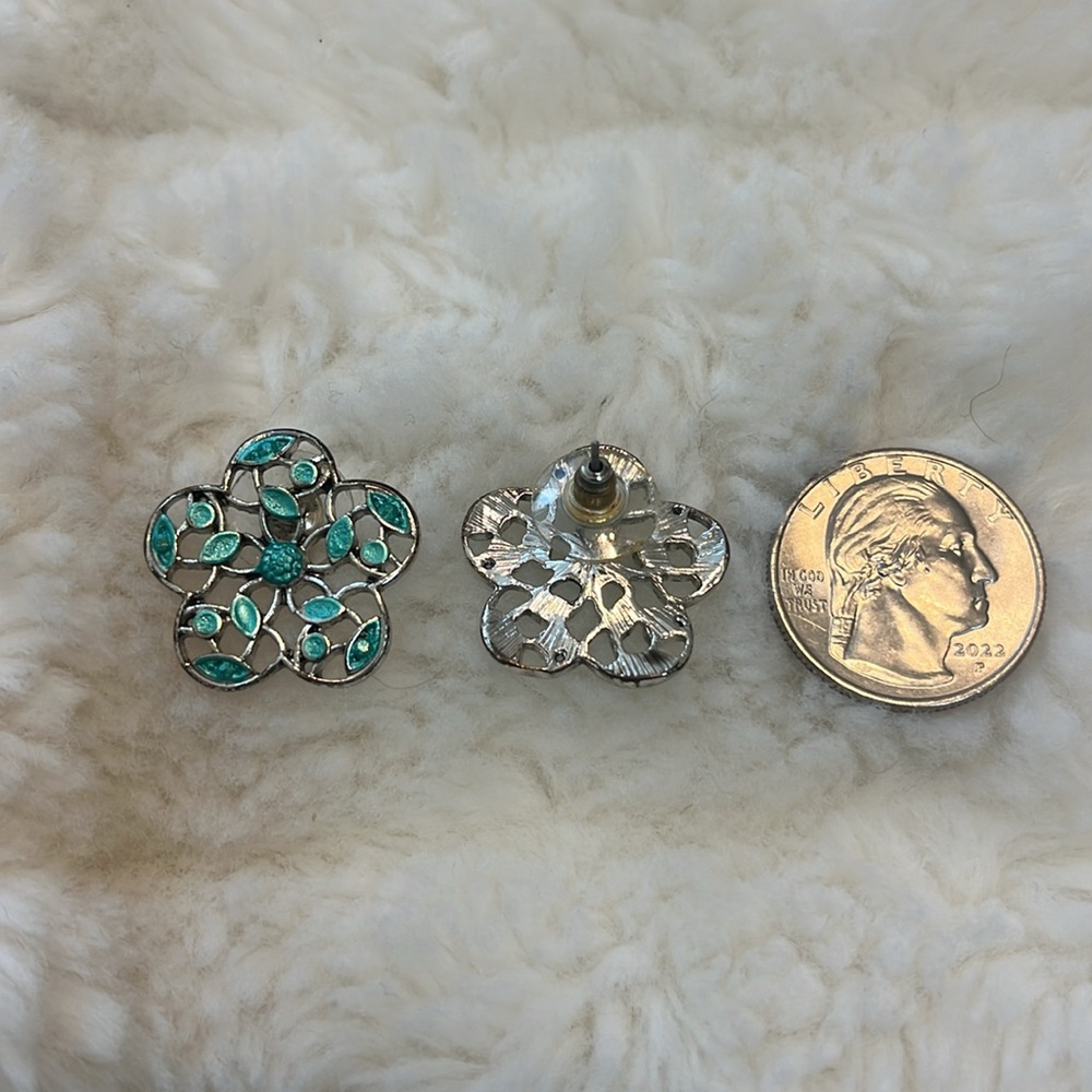 Silver Filigree Floral Earrings With Teal Accents - Picture 3 of 3